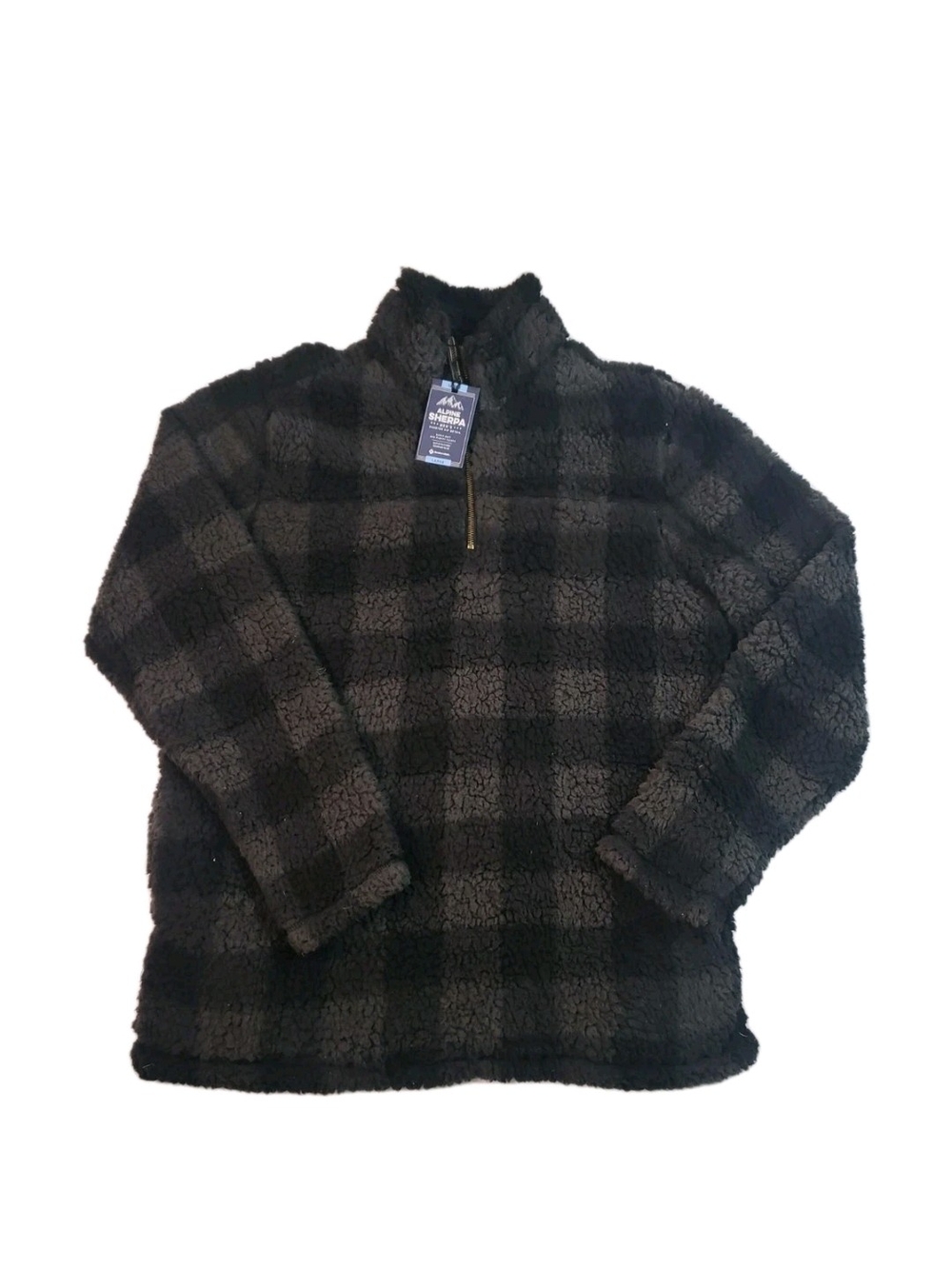 Alpine Sherpa Quarter-Zip Pullover Sweater - Black Plaid Mens L